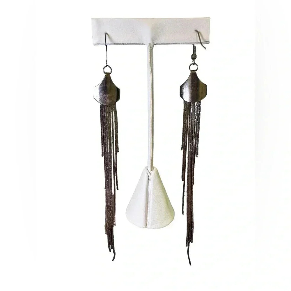 5” Stands Silver Long Dangle Drop Tassel Earrings - Sleek Chain Wedding Jewelry - Picture 2 of 7